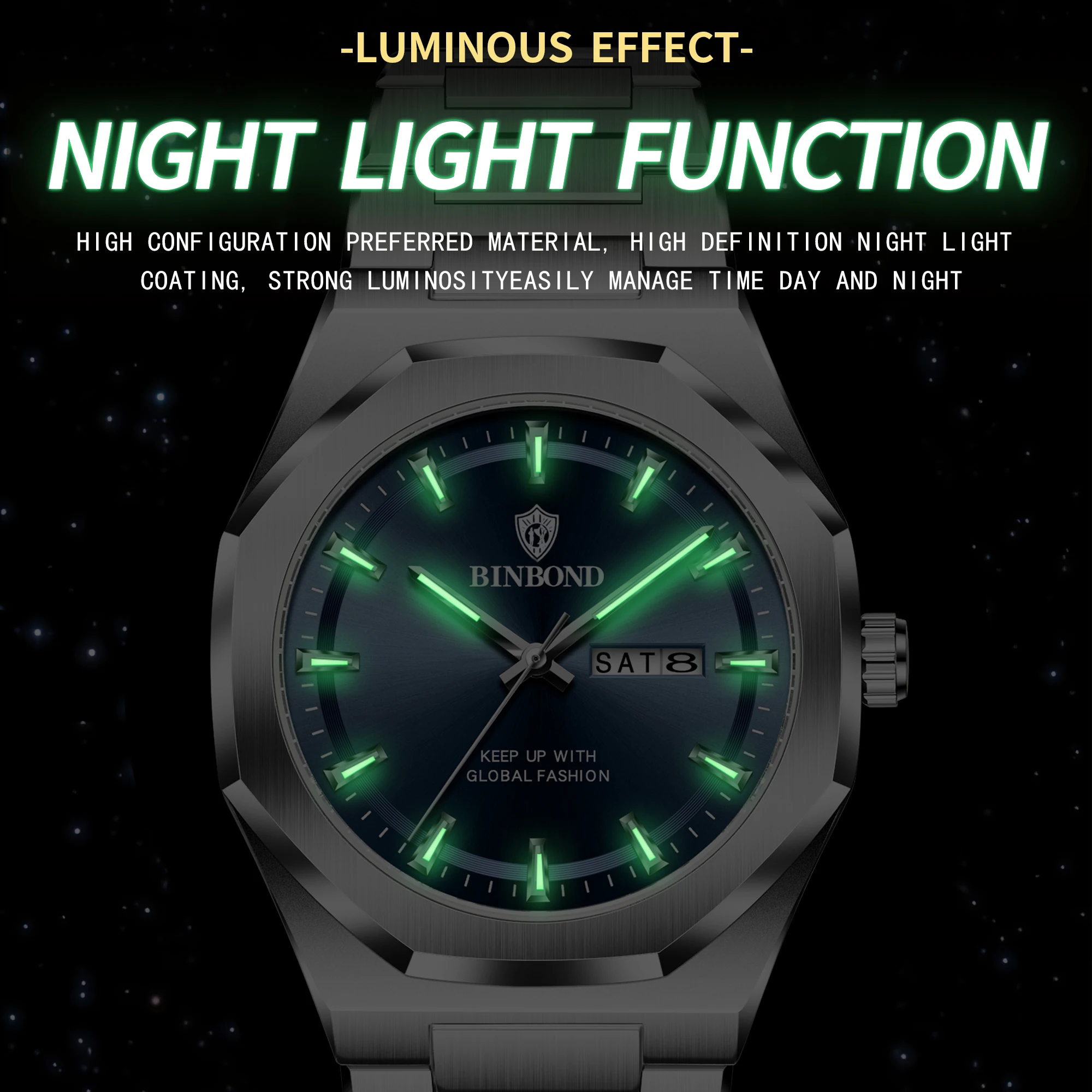 BINBOND nuovo orologio da uomo casual di alta qualità, colore di vendita caldo, orologio con funzione di visualizzazione del doppio calendario luminoso impermeabile, stainl