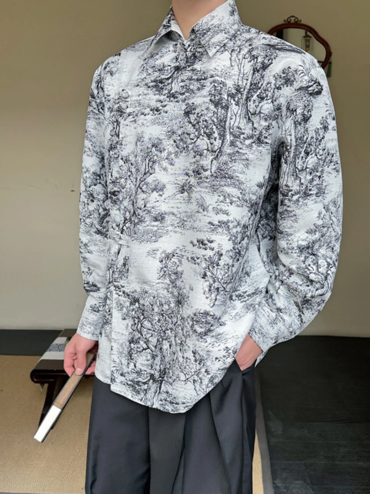 

New Chinese Sle Long Sve Loose Men's irt Autumn Faion Watercolor Splaing Mountain Design Classic Personali Top