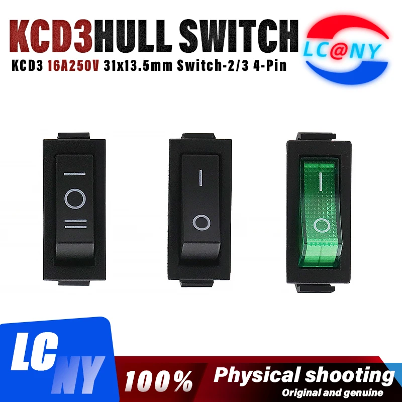 10Pcs/lot KCD3 Hull switch 3Pin 2Gears 31x13.5mm With light 3Pin 3Gears black green 16A 250V 20A 125V