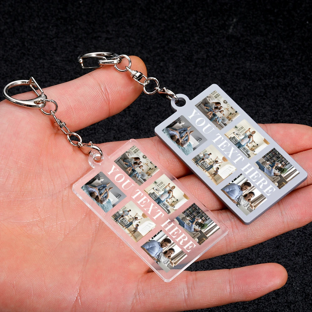 Custom 6 Photos Collage Keychain Personalized Text Acrylic Family Keychain for Dad Mom Birthday Valentine's Day Gift Car Keyring