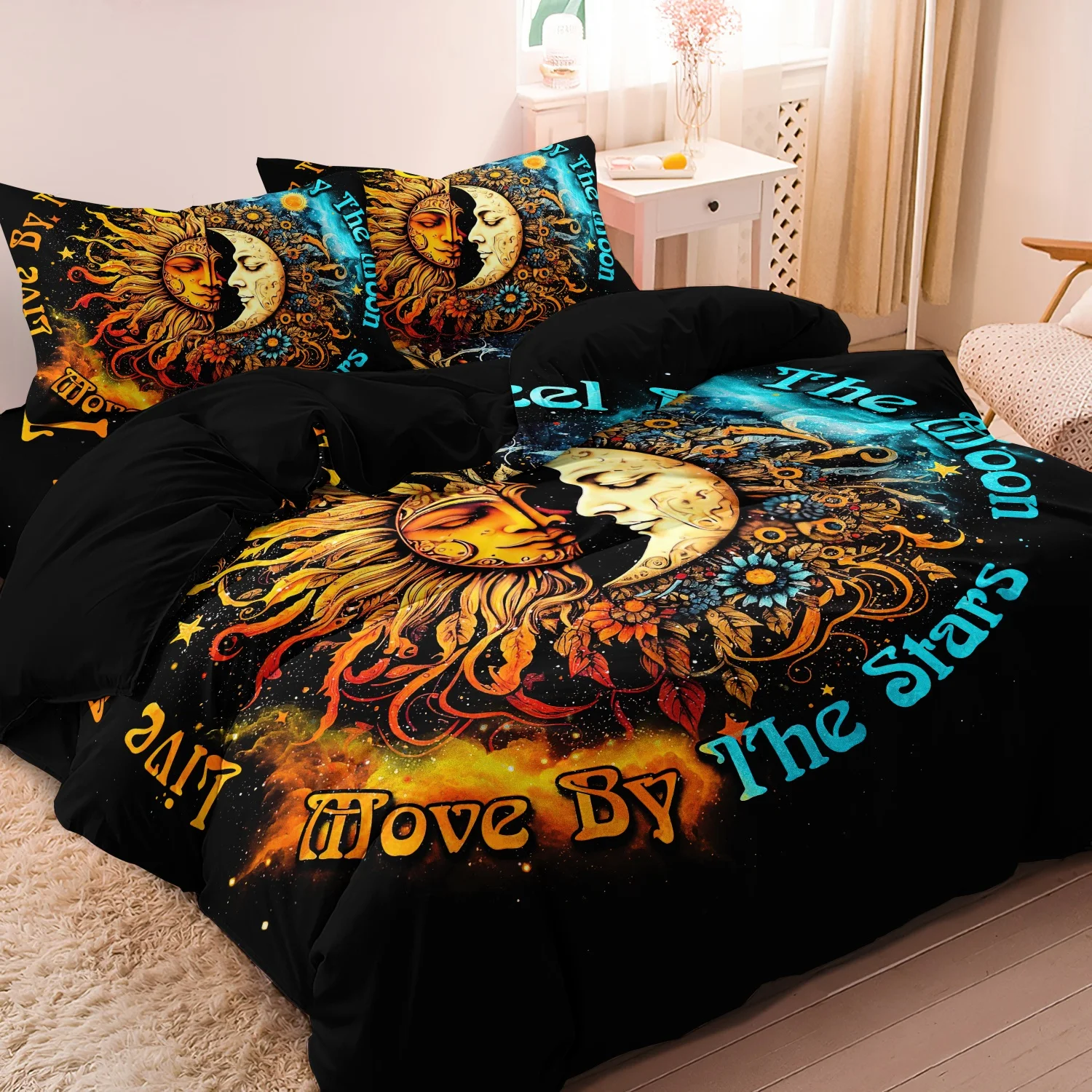  3Pcs Sun Moon Quote Print Duvet Cover Set, Black Sun The Stars Floral Celestial Star Print Bedding, Multiple Sizes Available