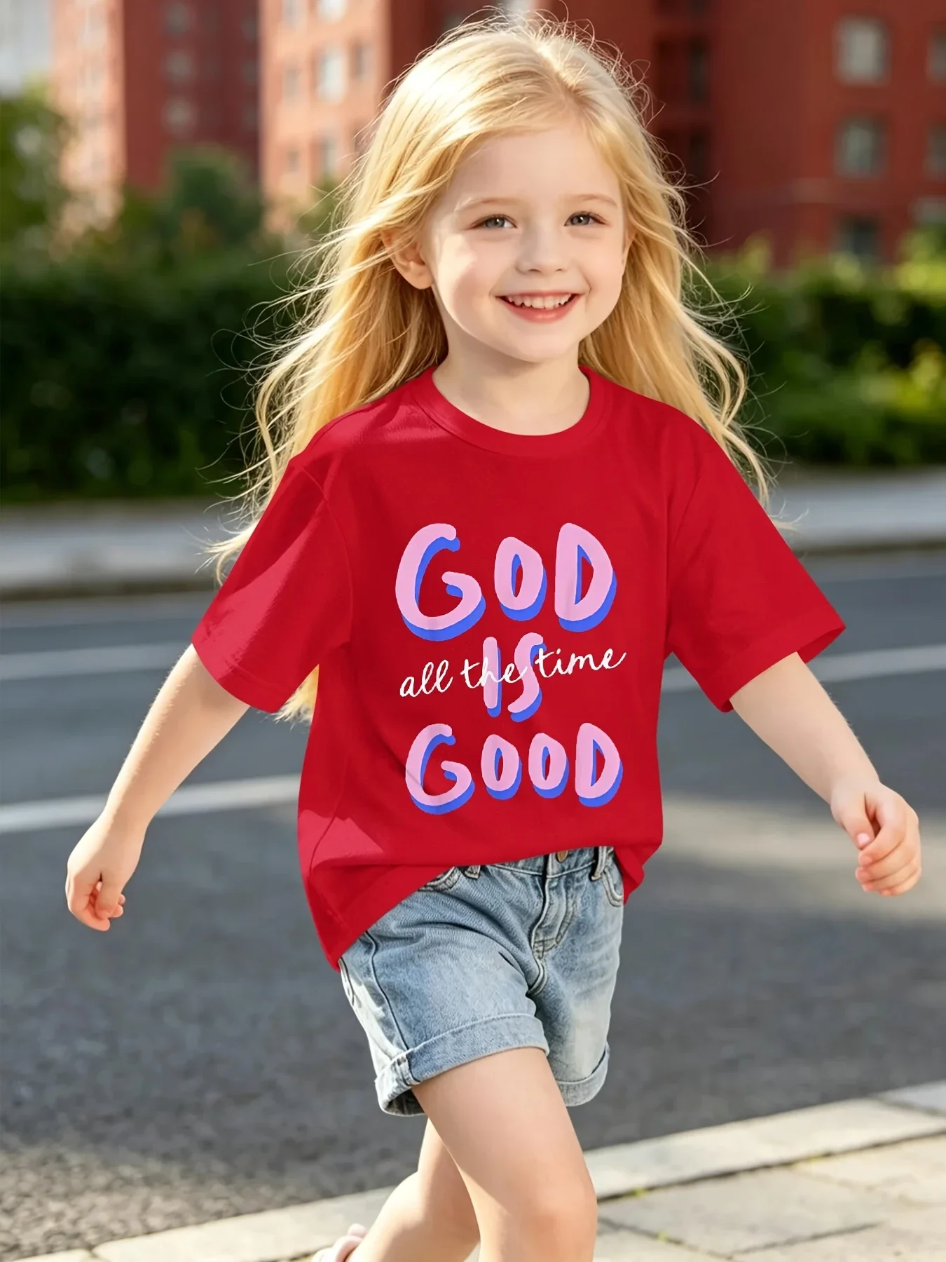 Boys Girls Casual Tee God Is Good All The Time Colorful Retro Letter Pattern Short Sleeve Crew Neck Children Daily Tshirt