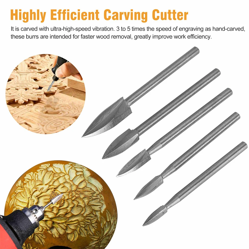 5Pcs Wood Carving Drill Bit HSS Engraving Drill Bit Set Solid Carbide Root Milling Grinder Burr Precise Woodworking Carve Tools