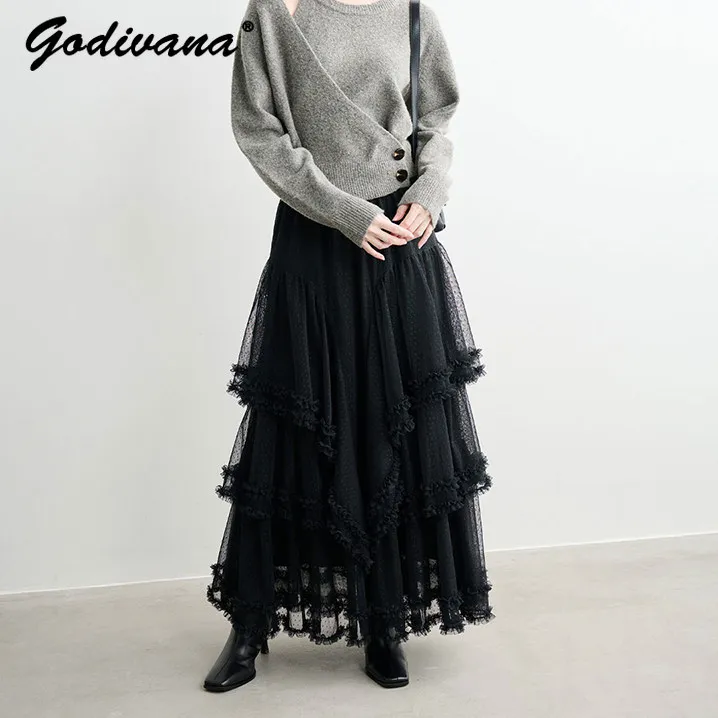 2026 New Spring Japanese Style Female Sweet Polka Dot Jacquard Multi-layer Mesh Ruffle Hem Long Skirt Sweet Gauze Skirts