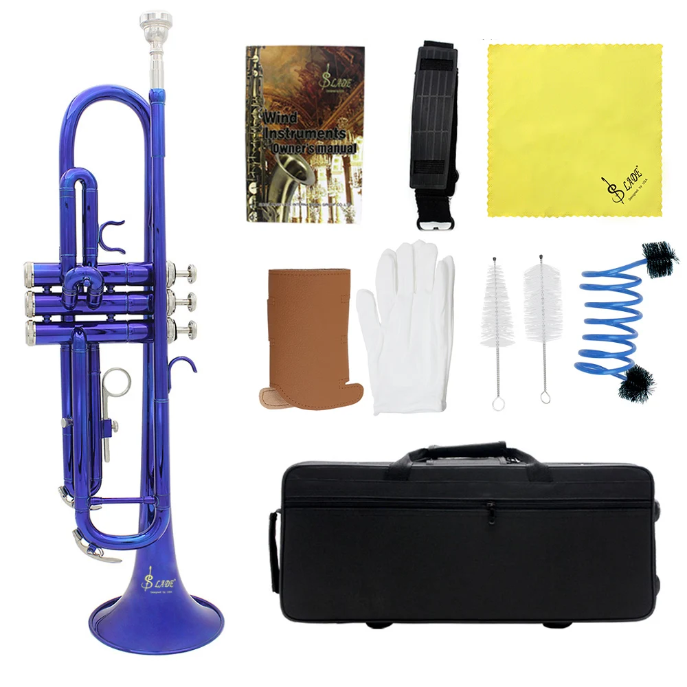 High Quality Trumpet Bb B Flat Blue Trumpet Brass Material Musical Trompeta with Case Cleaning Brush Protective Sleeve Parts