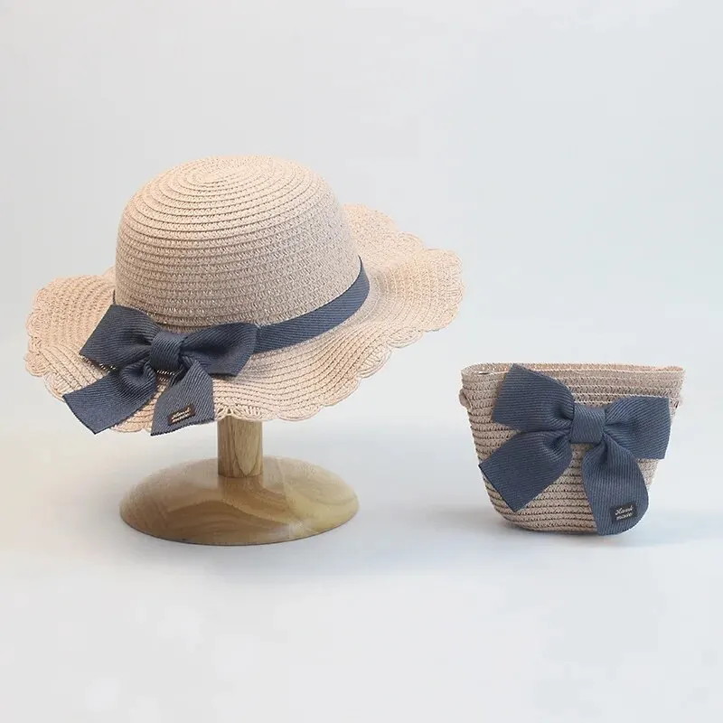 Children Straw Hat and Shoulder Bag Girls Summer Outdoor Beach Cap Cute Bow Travel Beach Sun Hat Crossbody Bag