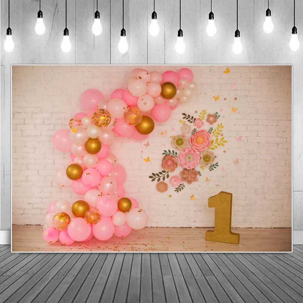 1st Baby Birthday Party Photography Backgrounds Golden Balloons Glitter Brick Carving Flowers Backdrops Photographic Portrait