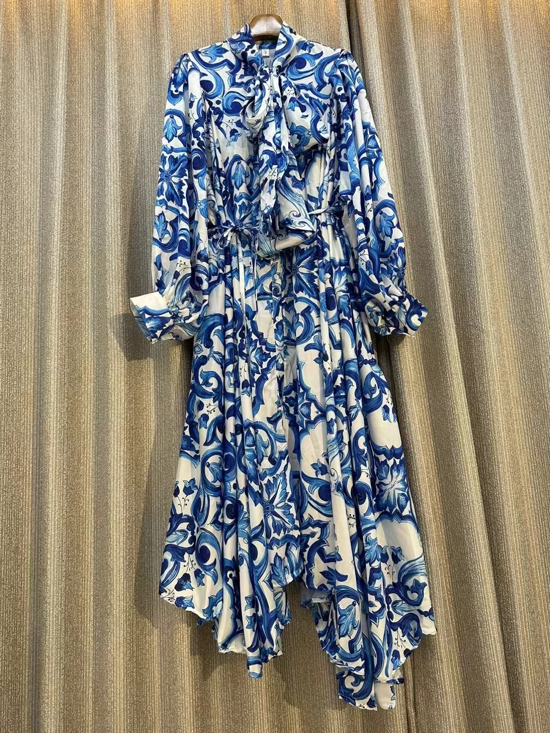 Bohemian Blue Maxi Dress for Women Long Sleeve Irregular Print Loose Casual Holiday Robe Vintage Fashion New 2023