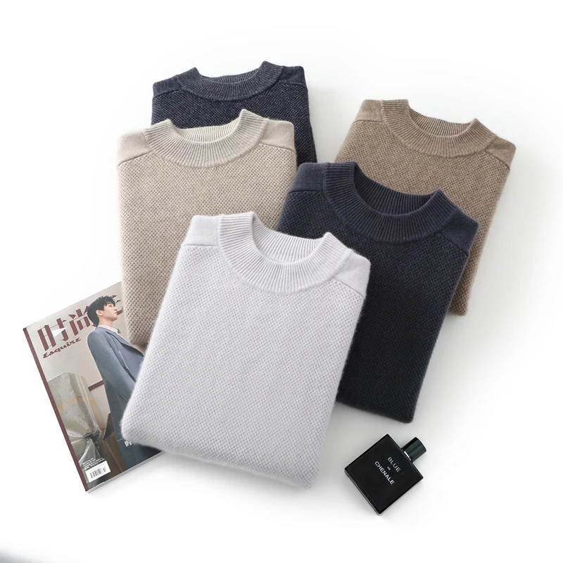 

100% Goat Cashmere Autumn Winter Sweater Men's Mock-neck Pullovers Basic Simple Pure Colour Casual Warm Knitwear Jupmer Tops