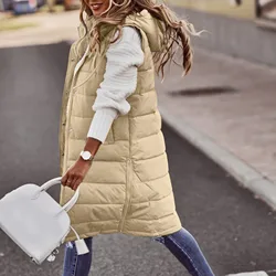 Women Winter Down Vest Coat Padded Solid Color Sleeveless Hooded Mid Length Slim Fit Pockets Lady Long Winter Waistcoat