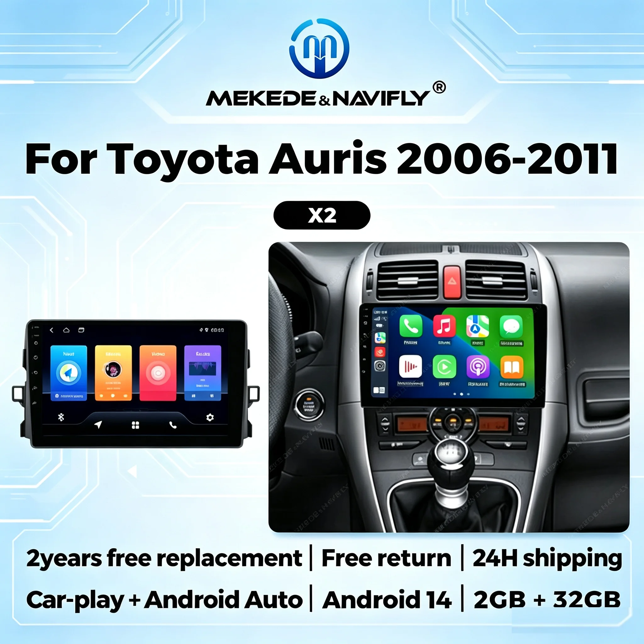 2-Din-Autoradio für Toyota Auris E150 2006-2012, kabelloses Carplay, Android Auto, Multimedia-Videoplayer, GPS-Navigation, WIFI, Autoradio-Stereoanlage