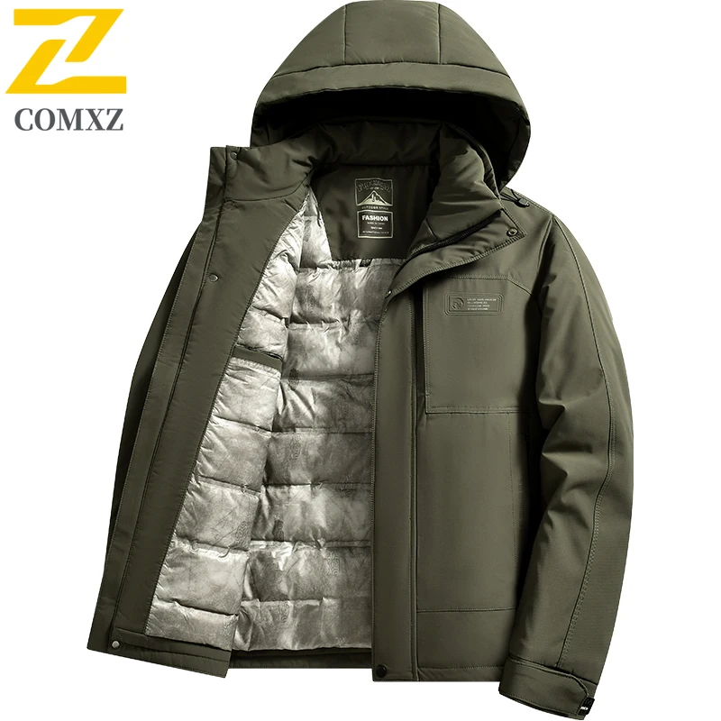 

COMXZ 2025 Winter Down Jacket Mens High-end Luxury Lightweight White Duck Down Warm Parka Cleanfit Waterproof Hooded Puffer Coat