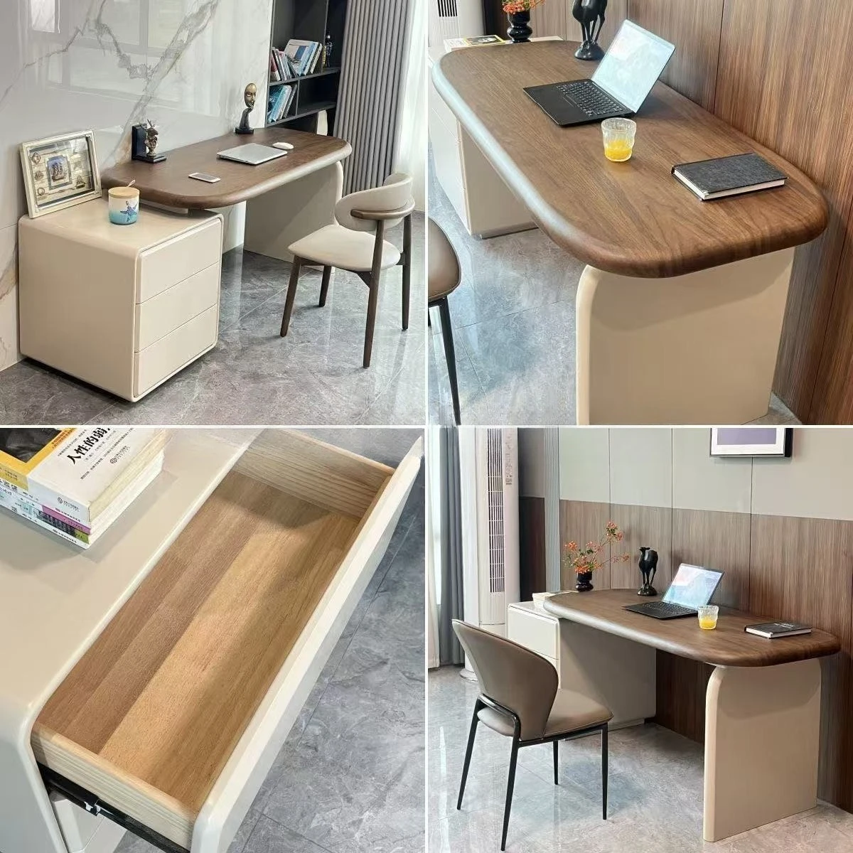 Solid wood desk home study computer desk bedroom retractable minimalist cream wind