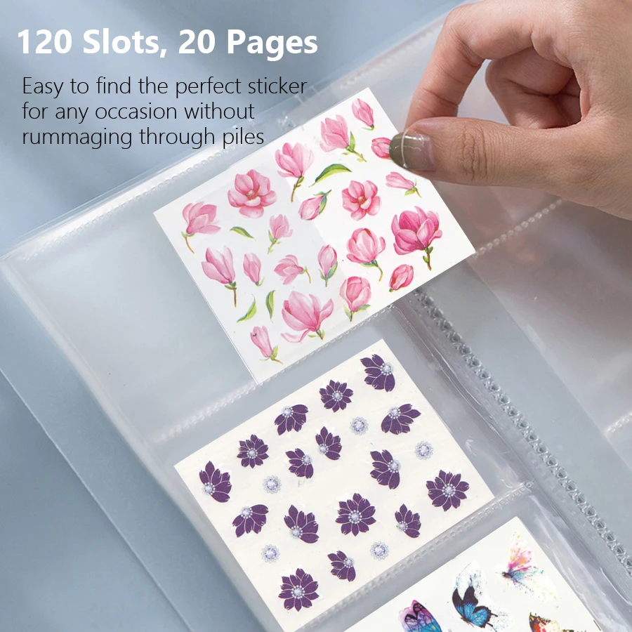 120-Fächer-Organizer für Nagelsticker, Album, Aufbewahrungsbuch für sortierte kleine Tattoos, Abziehbilder und Aufkleber – mit transparentem Deckel – Detail 4
