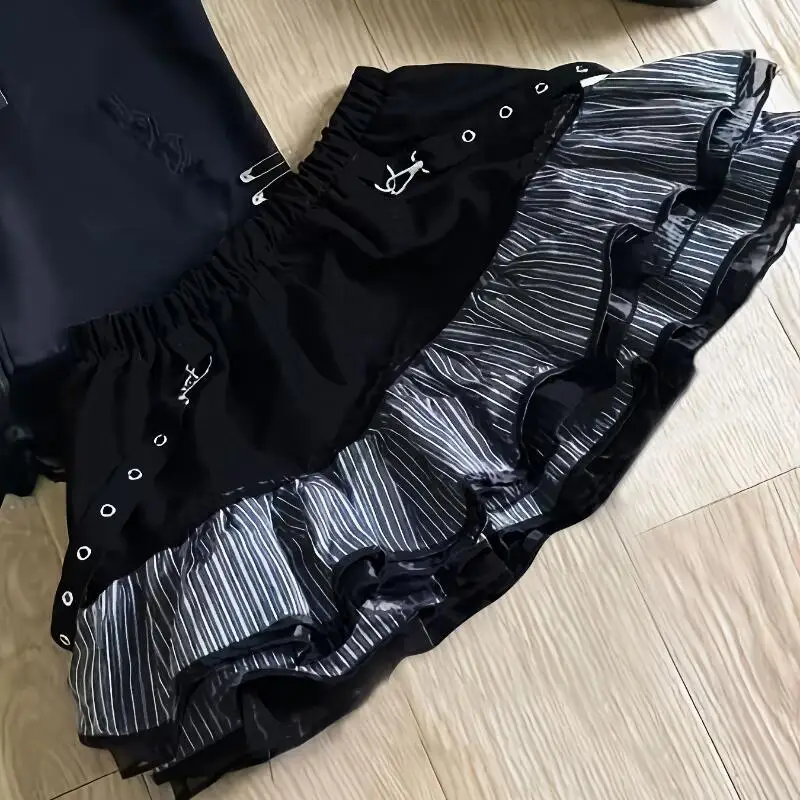Y2K Girls' Dark Style Short Skirt Women's Cute Patchwork Striped Printed Fluffy Skirt Creative Versatile Cake Skirt Fashionable
