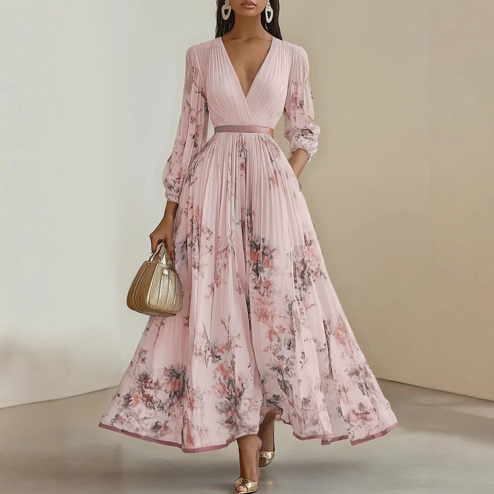 Spring Autumn Women's Long Sleeve Boho Maxi Dress Elegant Floral Print A-Line Pleated Maxi Dresses Sexy Deep V Neck Vestidos