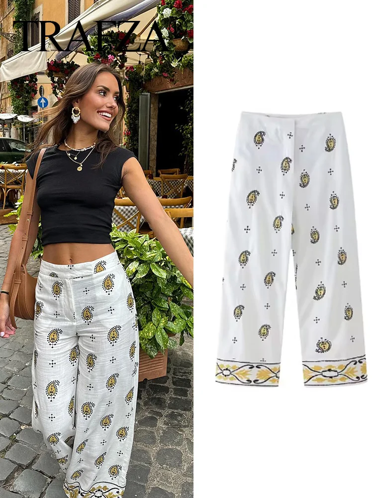 TRAFZA Fashion Summer Women\'s Wide Leg Pants Cashew Flower Embroidery Elegant High Waist Straight Loose Long Pants 2024