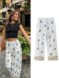 TRAFZA Fashion Summer Women's Wide Leg Pants Cashew Flower Embroidery Elegant High Waist Straight Loose Long Pants 2024