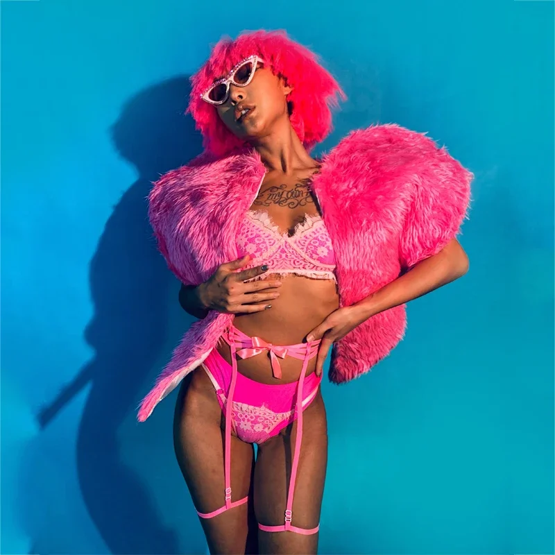 Women Singer Sexy Stage Rave Outfit Bar DS Cosplay Bodysuit Gogo Performance Dance Costume Pole Powder Love Lace Set XS2038