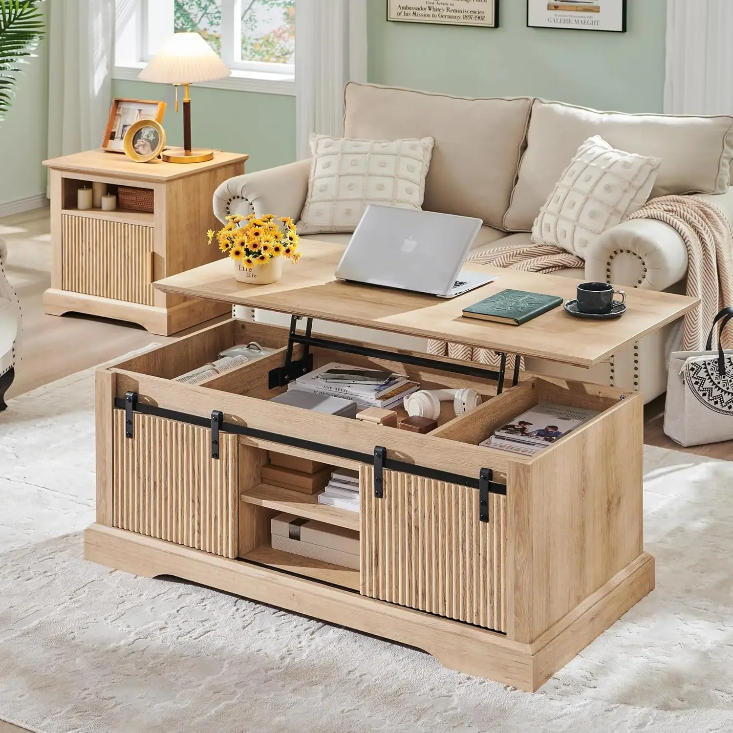 

46" Fluted Lift Top Coffee Table with Sliding Door, Modern Center Table w/Adjustable Storage Shelf & Hidden Compartment,