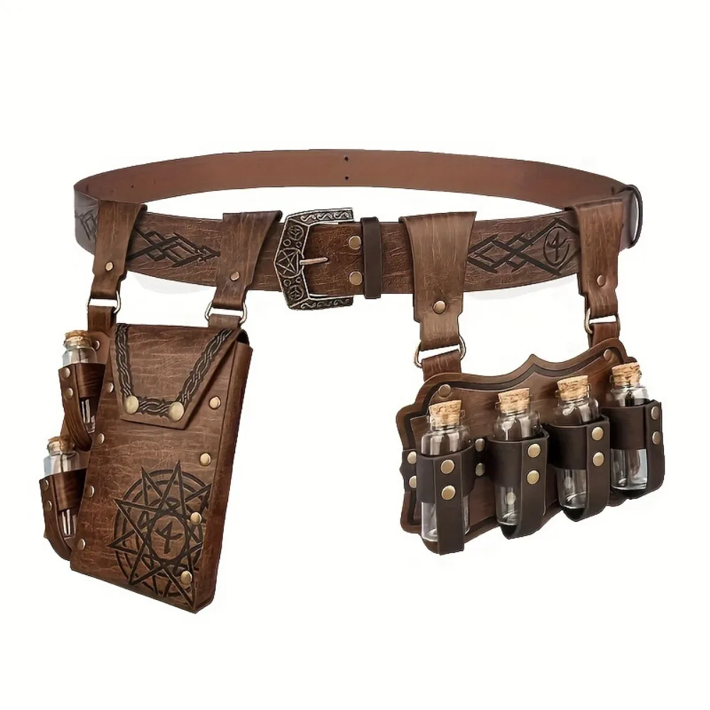 2/3/4pcs Embossed Medieval Wizard Cosplay Set Vintage with Potion Bottles Viking Renaissance Waistband PU Fantasy