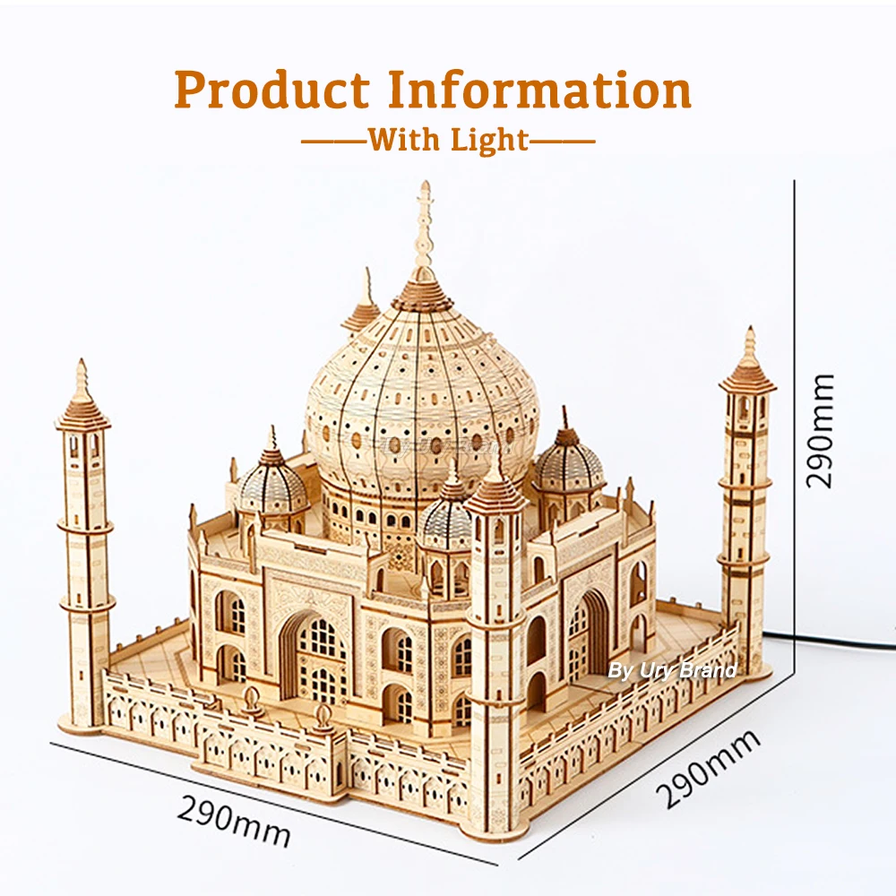 3D Wooden Puzzle House Royal Castle Taj Mahal With Light Assembly Toy For Kids Adult DIY Model Kits Desk Decoration for Gifts