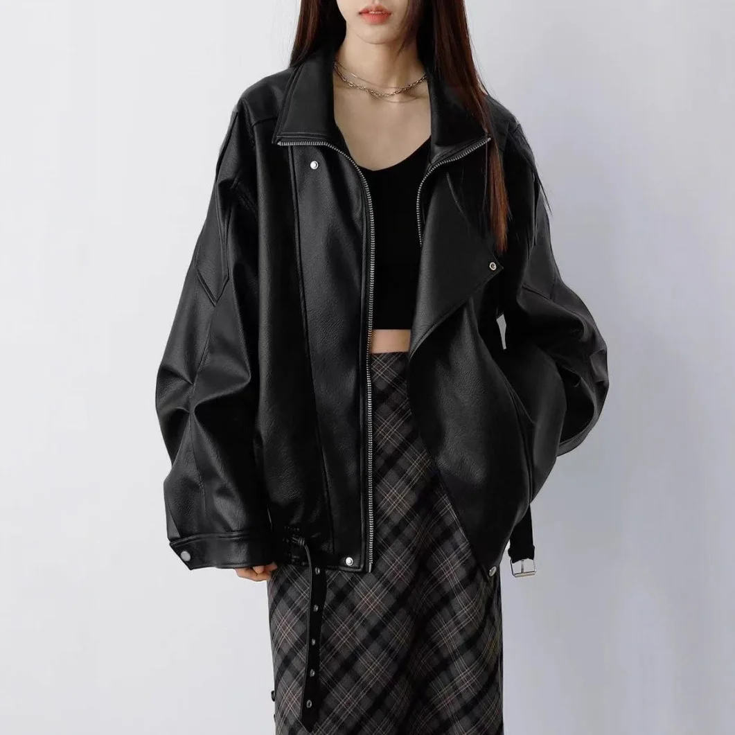 

Women Double Collar Motorcycle Coat Leather PU Autumn Leather Coat