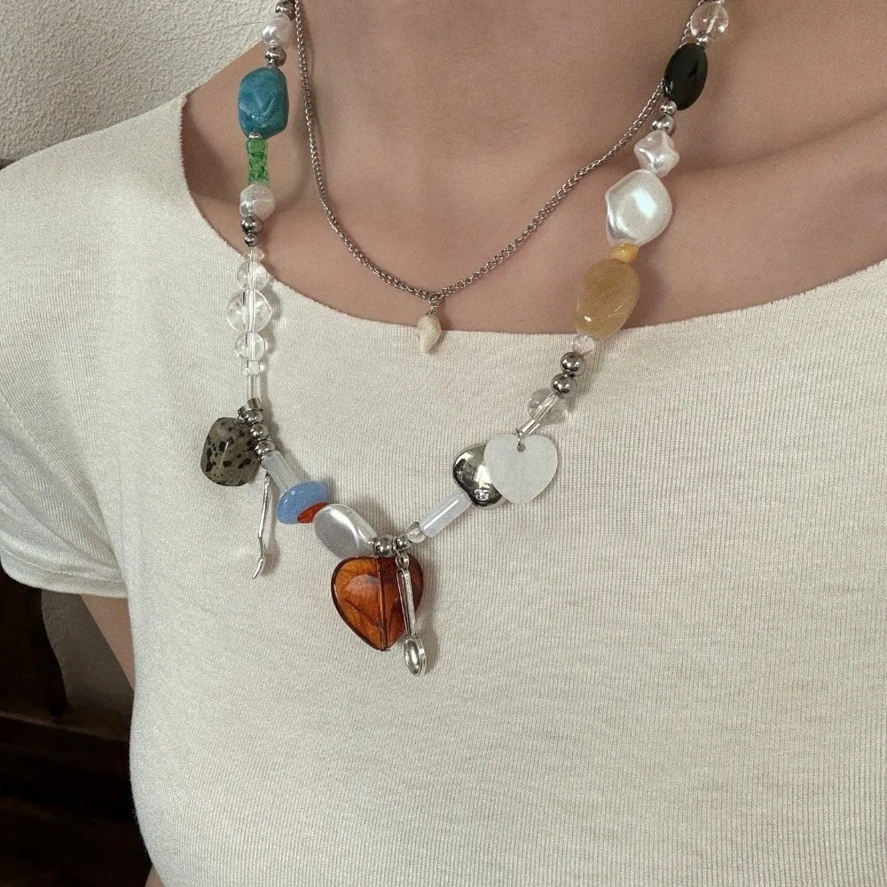 2 قطعة بسيطة طبقة مزدوجة على شكل قلب قلادة قلادة شوكة ملعقة غير النظامية حجر قلادة معدنية خمر سلسلة الترقوة يؤرخ