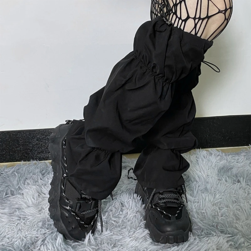 ผู้หญิงญี่ปุ่นสาวถุงเท้ายาวลูกวัว Gothic Punk Ruched Drawstring สีดำขาอุ่น Harajuku Street Layering เท้า