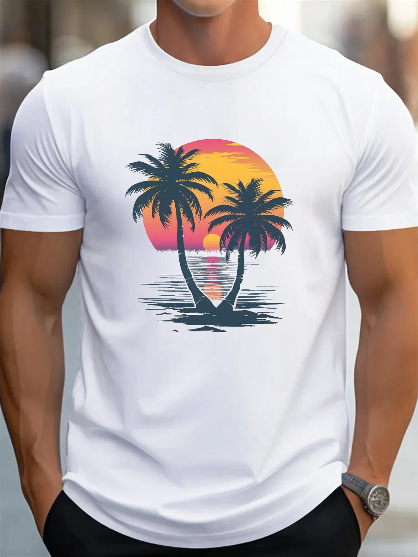 Men's Summer 100 Cotton Fashionable Casual Loose Fit Plus Size Sunset Coconut Tree Print Round Neck Short Sleeved T-Shirt Top