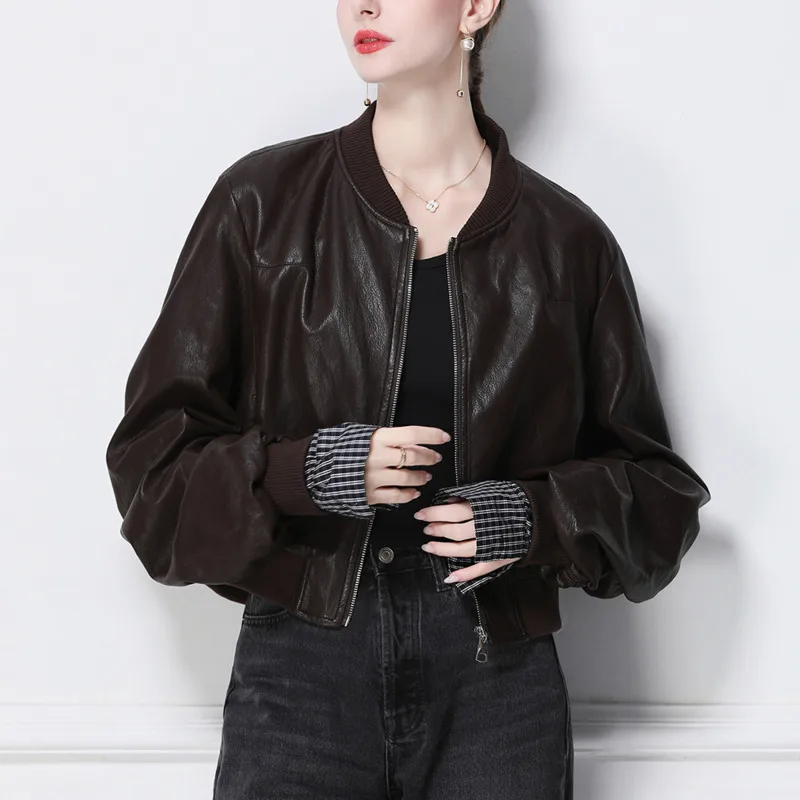 HKSH Frühling Herbst Neue Frauen Kurze Jacke PU Leder Stehkragen Zipper Manschette Plaid Streetwear Fashion Elegante Chic Mantel HK13450