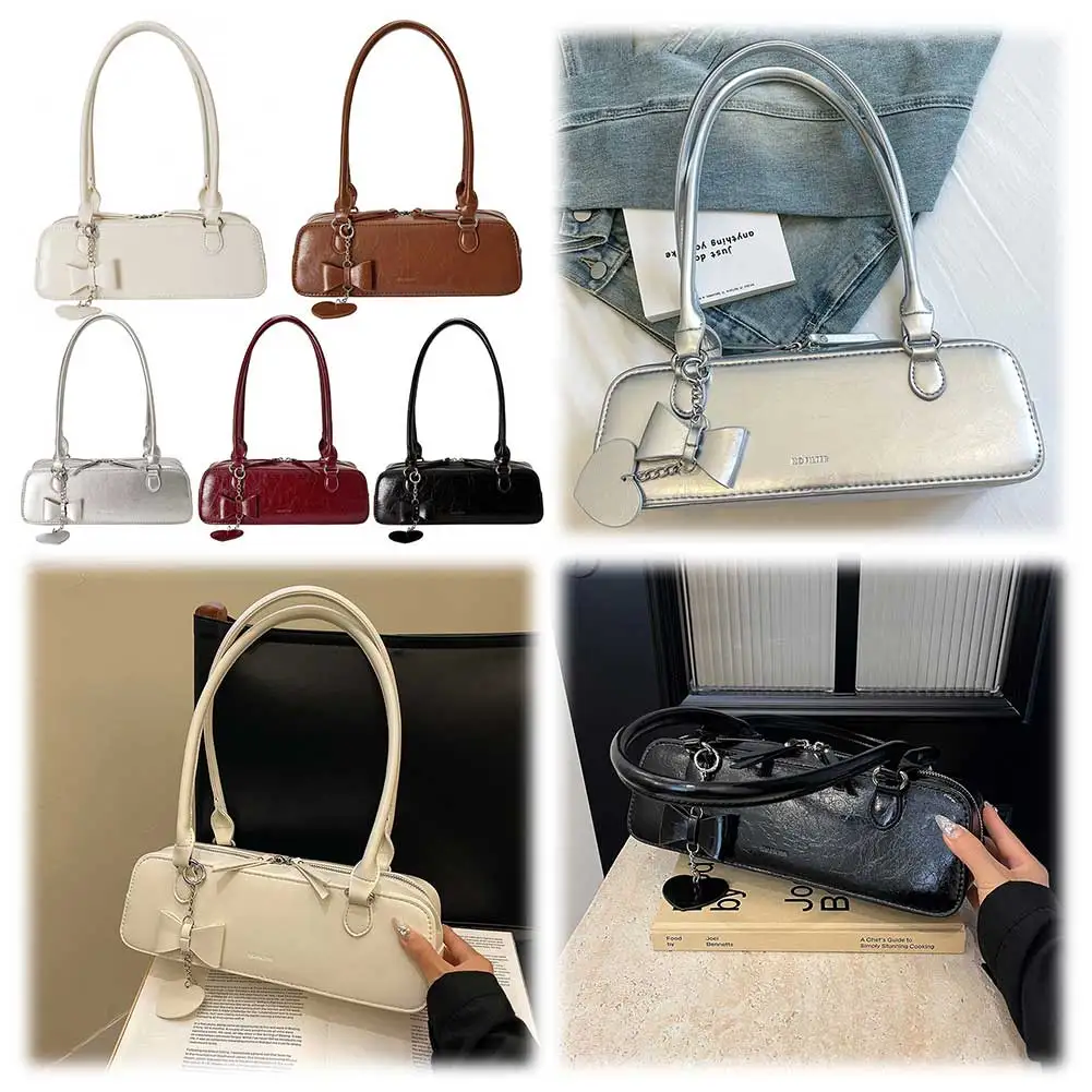 

Women PU Underarm Bag Fashion Shoulder Bag Large Capacity Top Handle Bag Solid Color with Heart Pendant Stylish Shoulder Purse