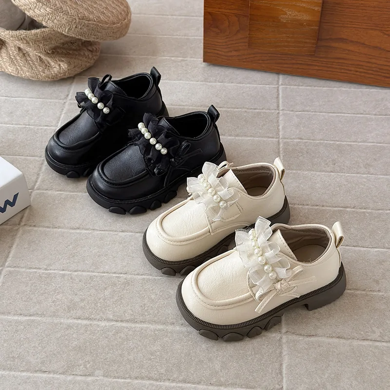 

Детская кожаная обувь для девочек, весна-осень 2023, новые модные нескользящие кружевные лоферы принцессы в корейском стиле с мягкой подошвой