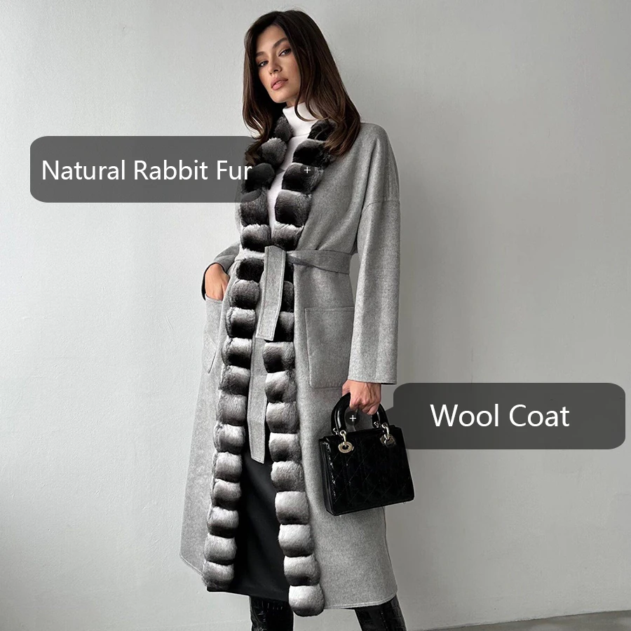 Real Rabbit Fur Collar Womens Winter Luxury Cashmere Wool Coat Women Natural Fur Coat 2024 Hot Selling Style