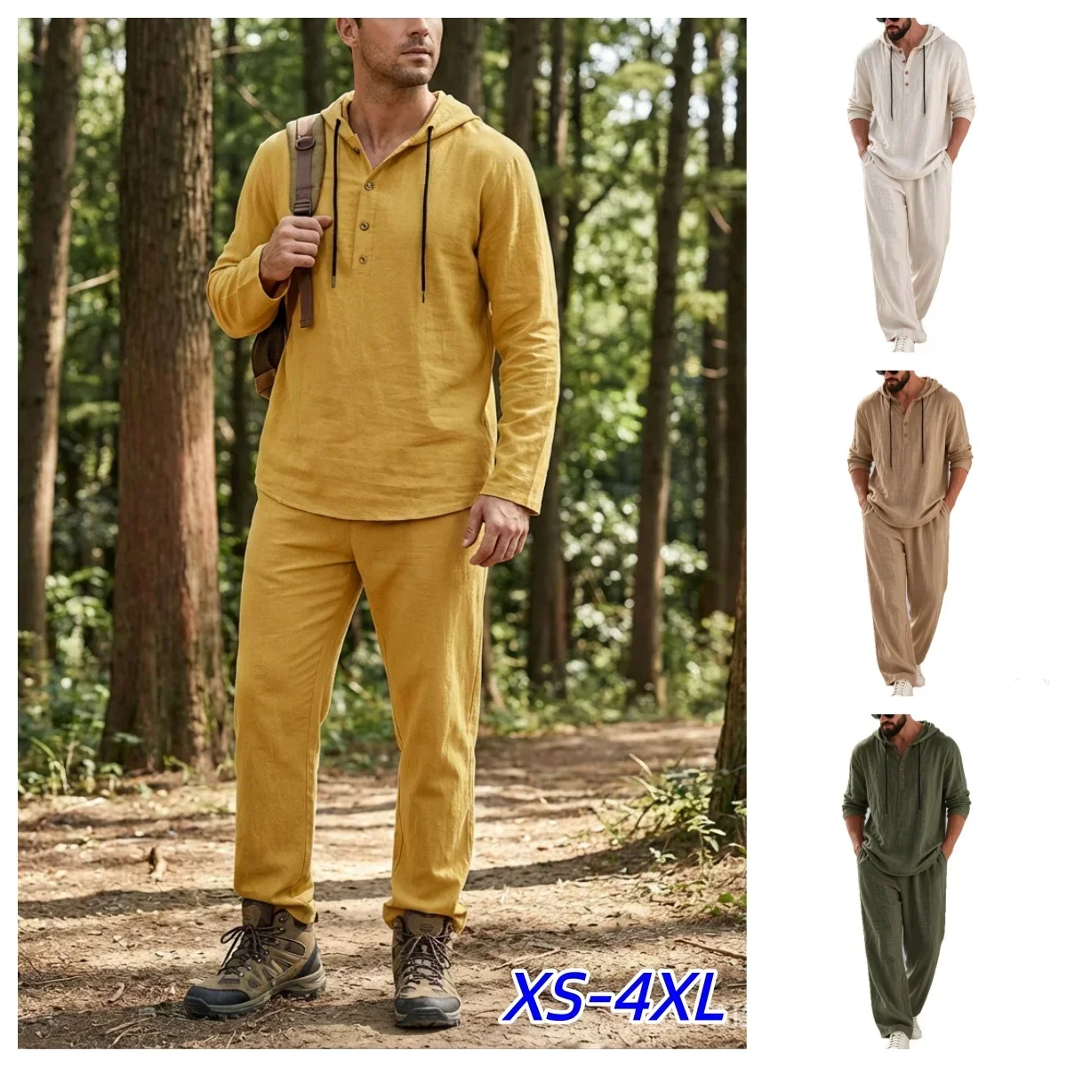 2 Pcs Retro Cross-border Autumn Linen Men's Casual Suit Loose Hooded Henley Shirt Long Sleeve Pants Suit Tracksuits