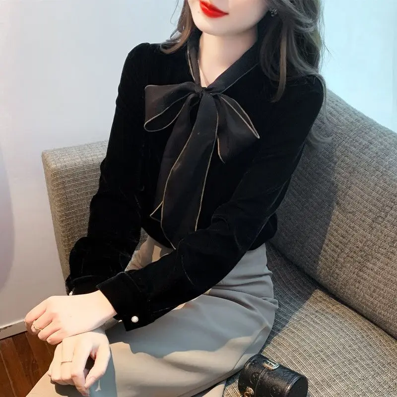 Bow Lacing Black Vintage Blouse Spring Autumn New Long Sleeve All-match Youth Office Shirt Tops Casual Fashion Women Clothing