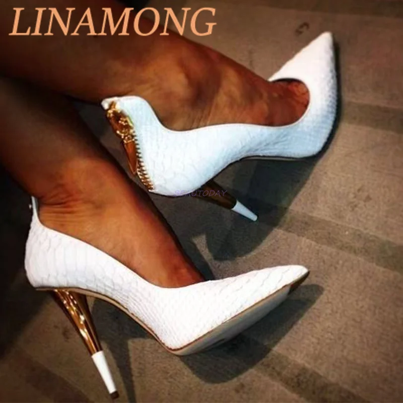 حذاء واحد بسحاب خلفي أبيض، حذاء نسائي عصري بكعب عالٍ رفيع مدبب، نمط بسيط، حذاء للحفلات والولائم