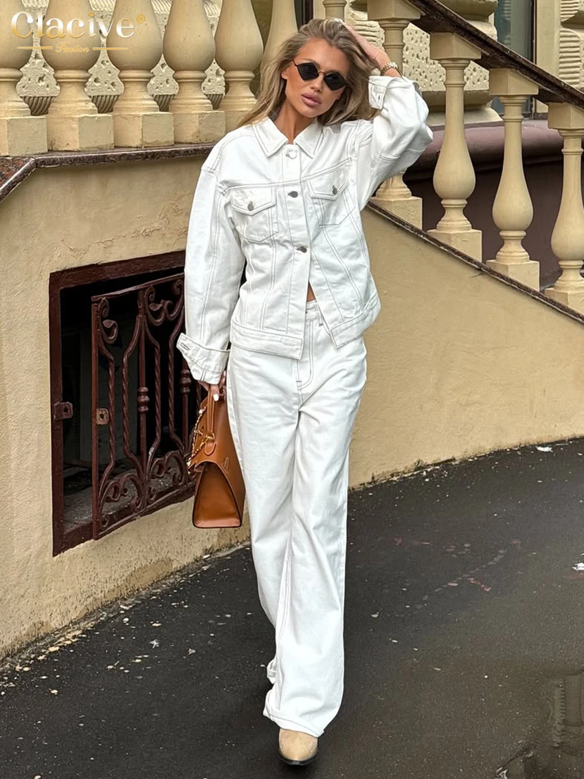 Clacive Fashion Loose White Woman 2 Piece Set Outfit 2026 Elegant Long Sleeve Shirt With High Waist Wide Pants Set Streetwear