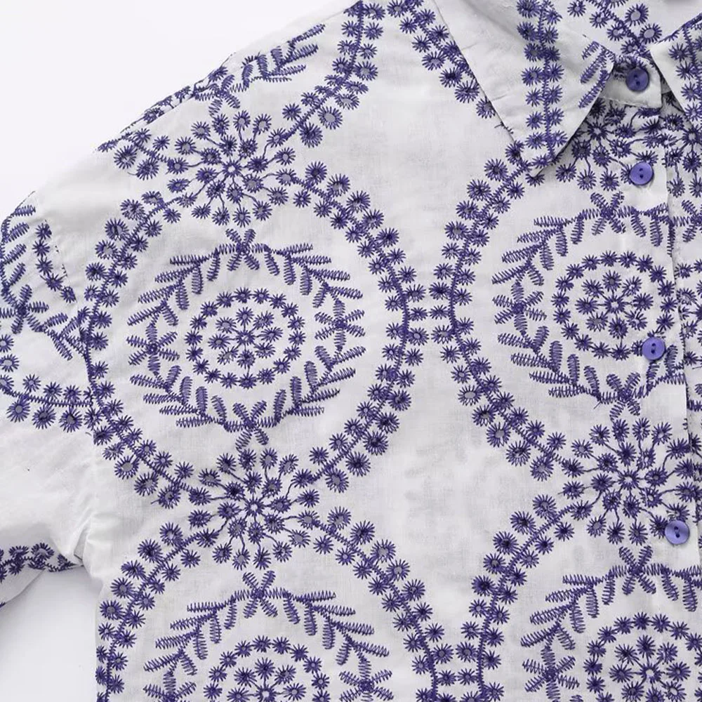 femmes ajouré fleurs chemise brodée revers ample à manches longues simple boutonnage blouse décontractée printemps été nouveau haut Chic