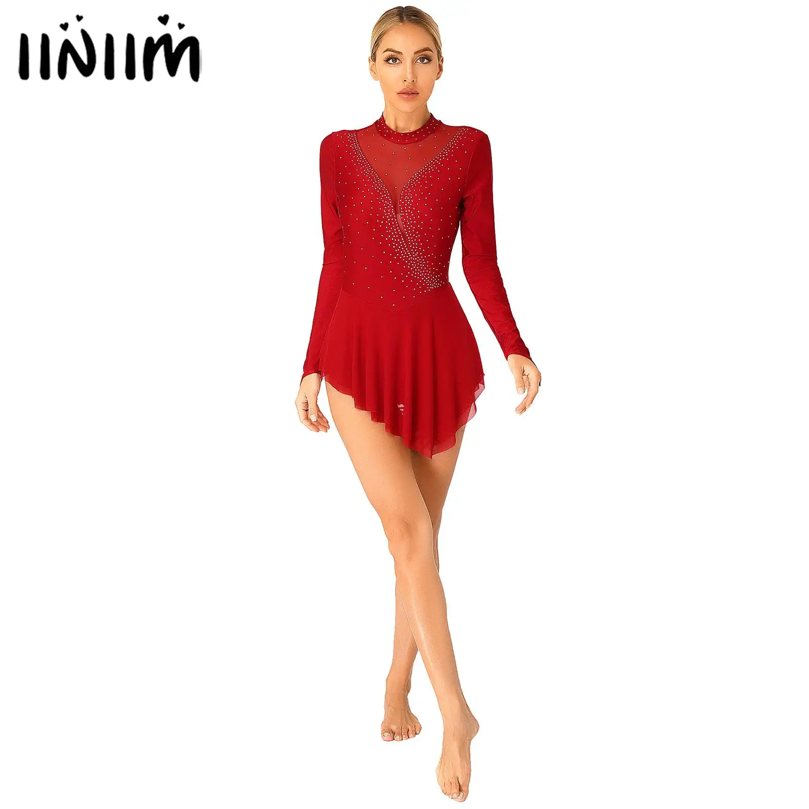 Womens Ice Skating Ballet Dance Competition Costume Rhinestone Sheer Mesh Patchwork Dress Irregular Hem Long Sleeve Dresses