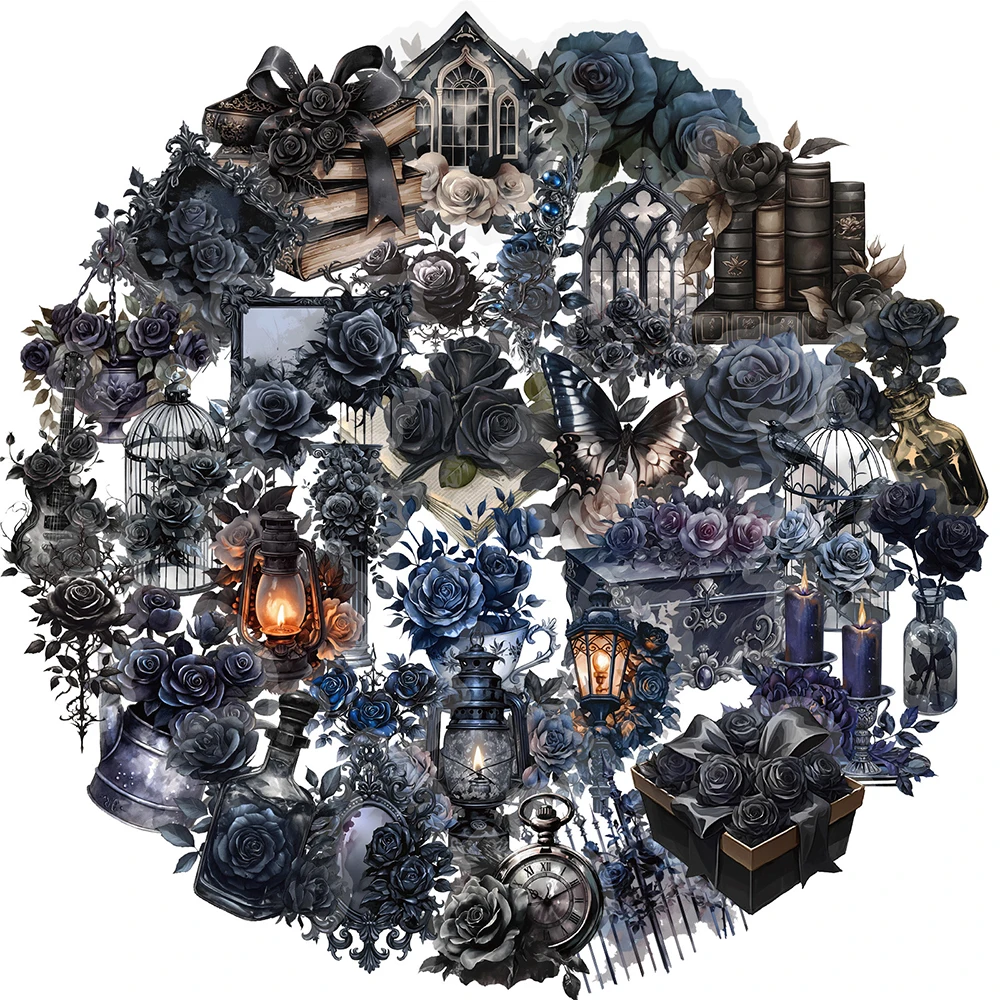 50/100pcs Transparent Black Rose Magic Sticker Aesthetic Waterproof DIY Skateboard Laptop Dark Magic Cartoon Sticker Packs