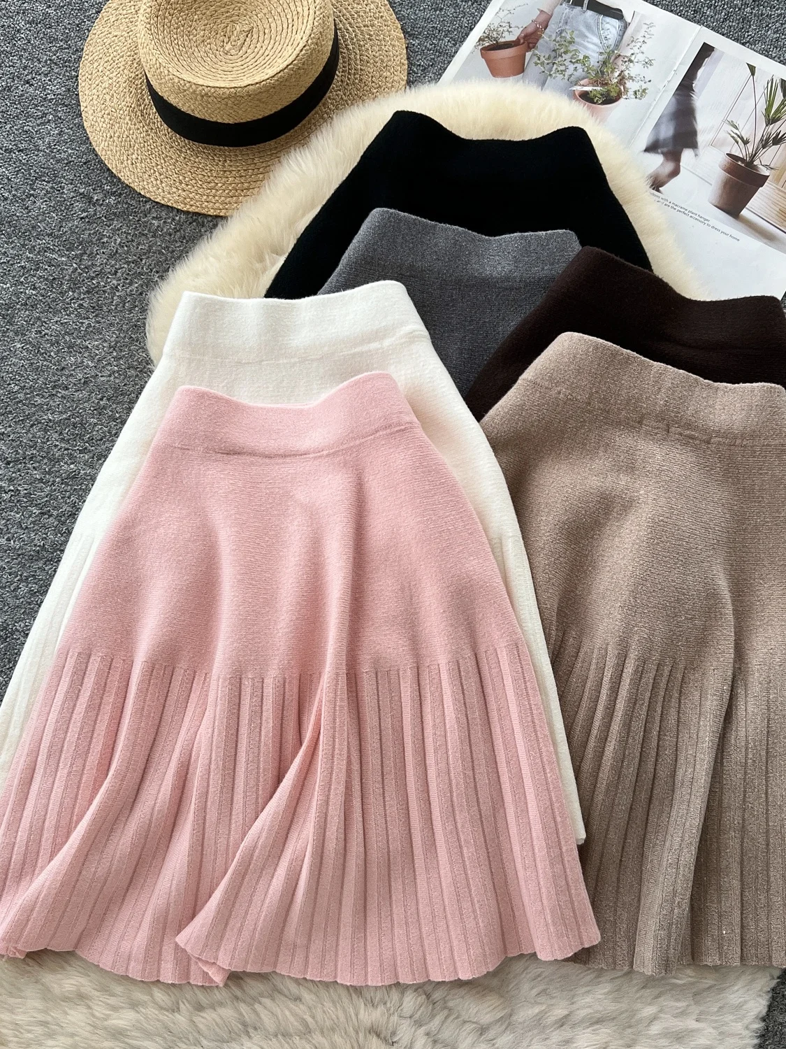 Korean Style High Waist A-Line Pleated Knit Skirt Women's Elastic Waist Patchwork  Skirt Anti-Aging Small Size Autumn