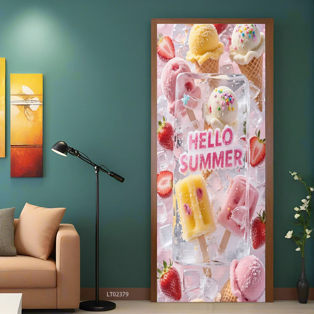 Letnie naklejki na drzwi Ice Pop - naklejki winylowe Juicy Fruit, odświeżające samoprzylepne naklejki ścienne do kuchni i drzwi do pokoju dziecięcego