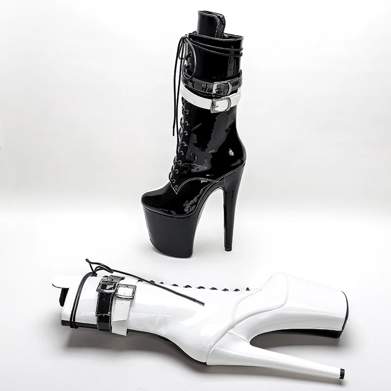 Leecabe-Bottes à talons hauts pour femme, bottes de pole légiti, plateforme de fête, dessus verni noir et blanc, mode pour femme, 20cm, 8 po