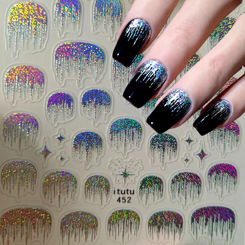 1 個 5D レーザーシルバー反射フレンチネイルステッカーホログラフィックスパークル滝タッセルデザインネイルデカール Y2K オーロラバースト