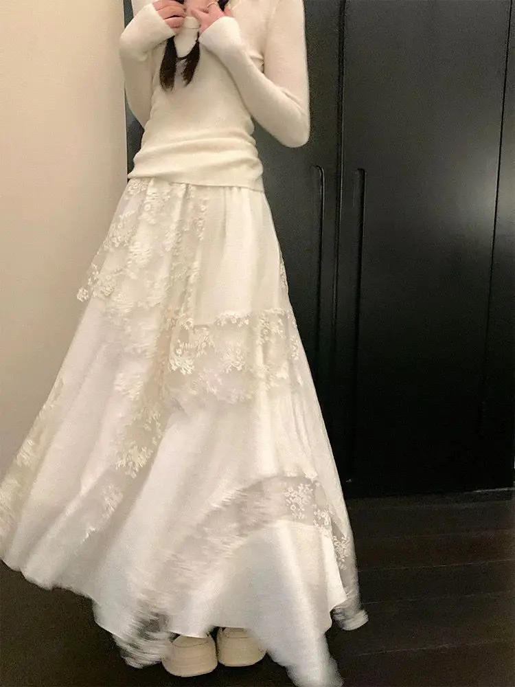 Spring Heavy Industry Embroidery Lace Mesh Skirt Big Pendulum A Word Irregular Design Sense Niche Long Skirt
