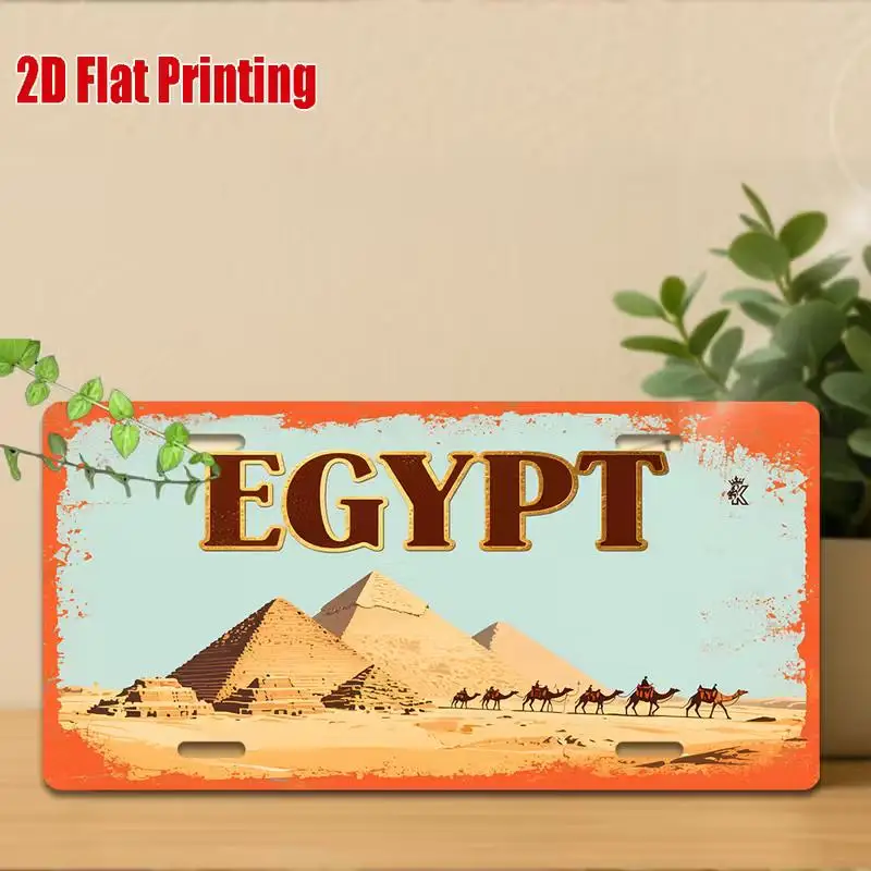 2D Flat - Retro Egyptian - Large 29.97X14.99 cm Metal Sign with Pyramid, Sphinx, Camel And Nile River - Durable Iron Decor for I