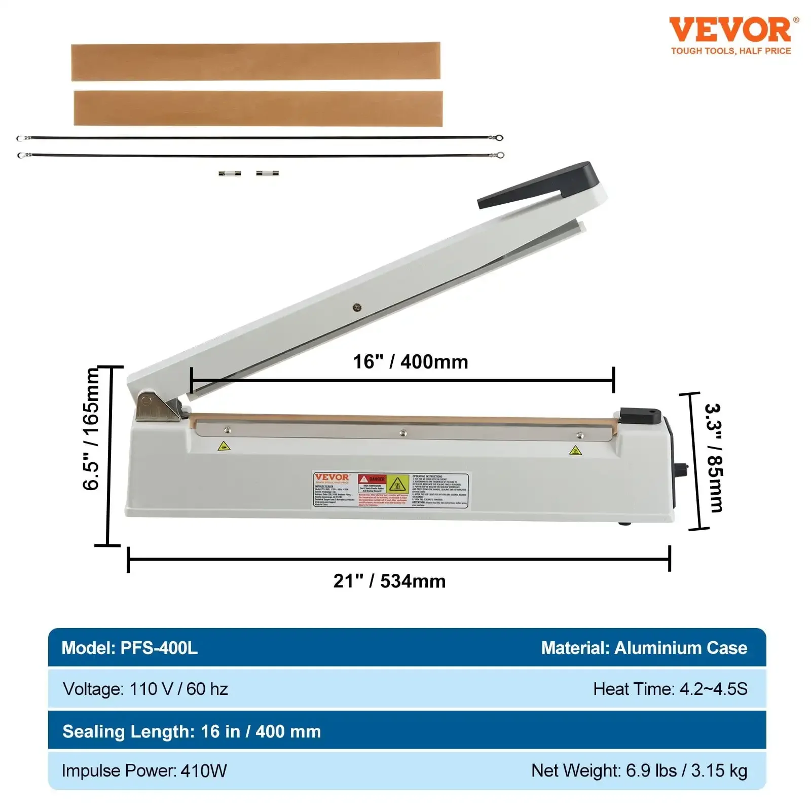 Scelleuse à impulsion 16 pouces, machine de thermoscellage manuelle avec mode de chauffage réglable, scelleuses de sacs rétractables en aluminium pour plastique