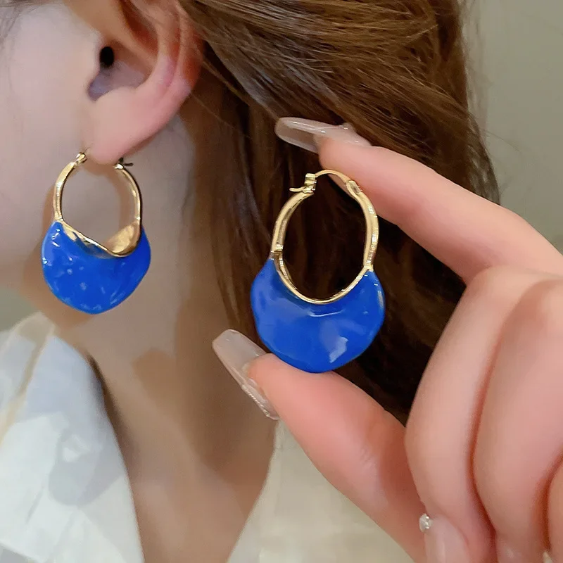 Minar Korean Style Colorful Enamel Bag Shaped Chunky Hoop Earrings for Women Gold Plated Alloy Statement Minimalist Jewelry