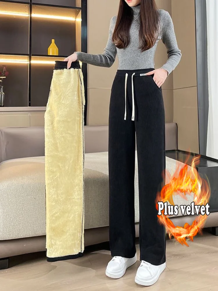 

Fleece-Lined Pants Women's Wide-Leg Pants Autumn and Winter Narrow Chenille 2024 New Thickened Warm Corduroy Casual Pants